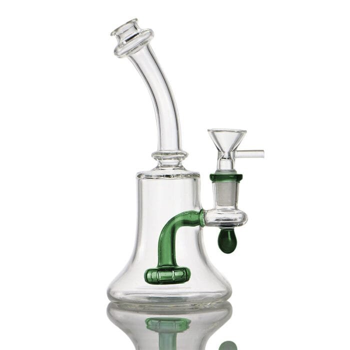 bent-neck-showerhead-perc-glass-bell-dab-rig-green-color-show