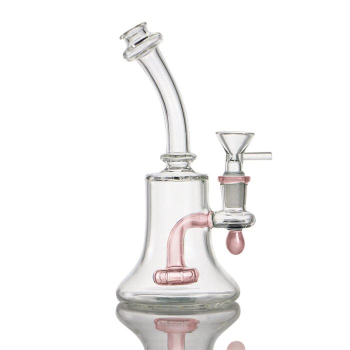bent-neck-showerhead-perc-glass-bell-dab-rig-pink-color-show